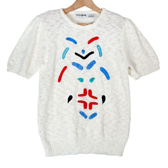 VTG 80s Short Sleeve Sweater Women's M Embroidered Cute Kidcore Lightweight Knit - Picture 1 of 8